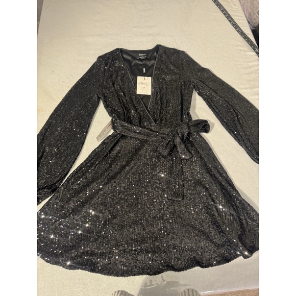 Bardot Bellissa Sequin Mini Wrap Dress Black Long Sleeve Formal Cocktail XS - Picture 5 of 9